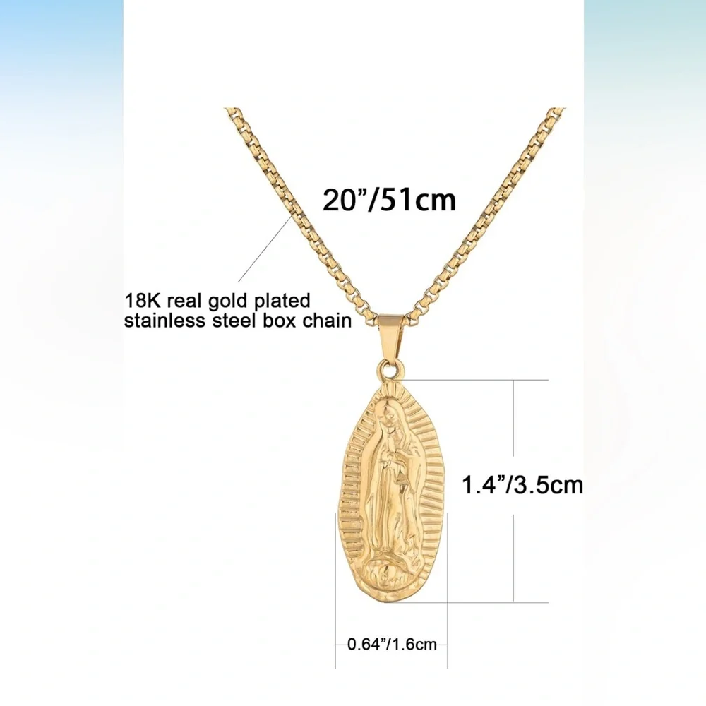 20” Guadalupe Virgin Mary Pendant Necklaces Men 18K Gold Plated Silver Tone